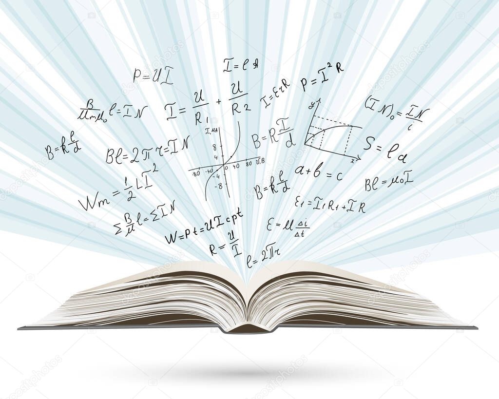 Mathematical equations and formulas on open book. Education. Hand-drawn diagrams and graphs isolated on white background. Science. Doodle. Physics. Vector Illustration. Handwriting. 