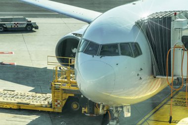 Rome, İtalya - Ağustos 2017: Fiumicino Uluslararası Havaalanında yükleme Bagaj, uçak