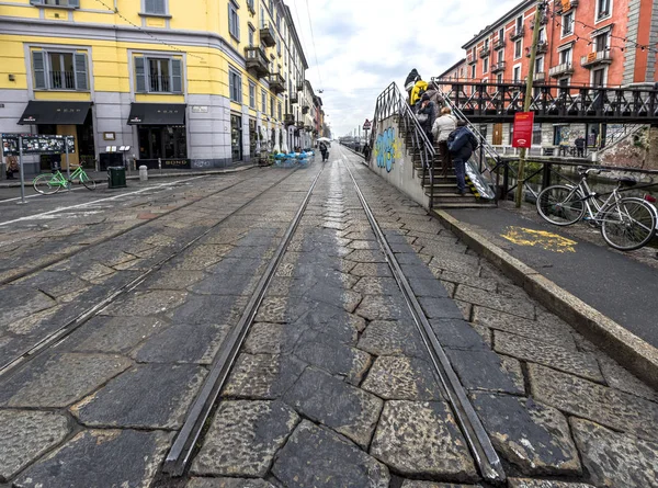 Milano Italien December 2017 Spårvagn Rails Stadens Vägar — Stockfoto