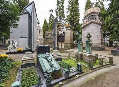 Milan, İtalya - Aralık 2017: mezarlar ve anıtsal şehir mezarlığında kriptalarının
