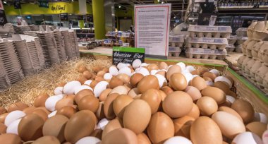 Basel, İsviçre - Mayıs 2017: Yerel süpermarkette taze yumurta