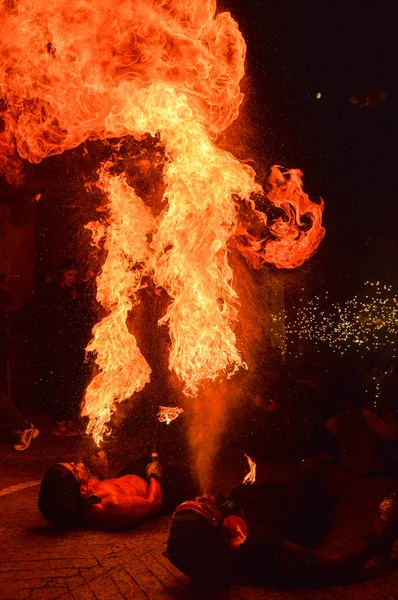 Ohňostroj Correfoc Blanes Katalánsko Španělsko Correfoc Festes Major Blanes Girona — Stock fotografie