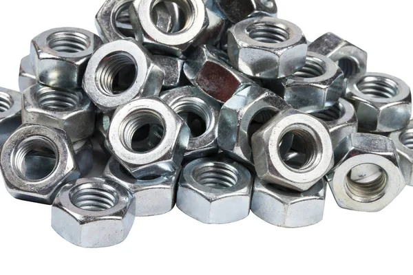 Chromed Screw Nuts Screw Nuts Different Sizes Gray Background — Stock Photo, Image