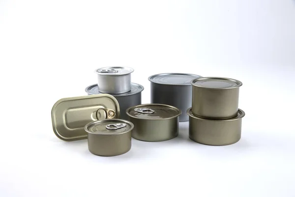 Assortment Golden Food Tin Can Reflected White Background — Stock Photo, Image