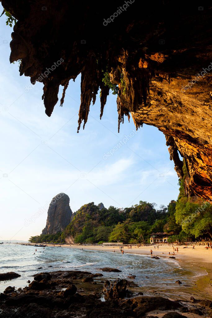 Reef Rock Beach Under the Large Cave of Phra Nang Cave in Krabi Province, Thailand ,This is a sunset time at Ao Tham Phra Nang Beach.