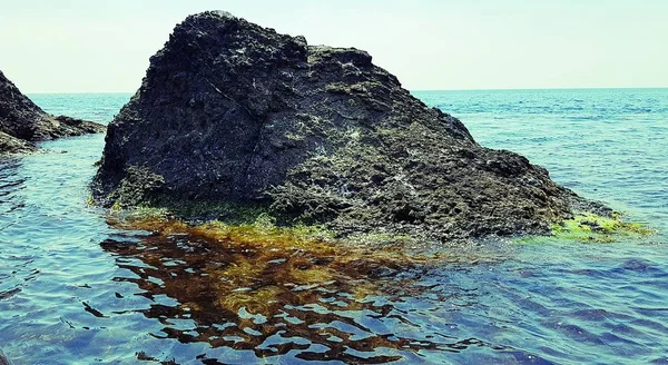 Small rocks in the sea. Stone beach in the sea. Landscape of sea cliffs on the black sea.