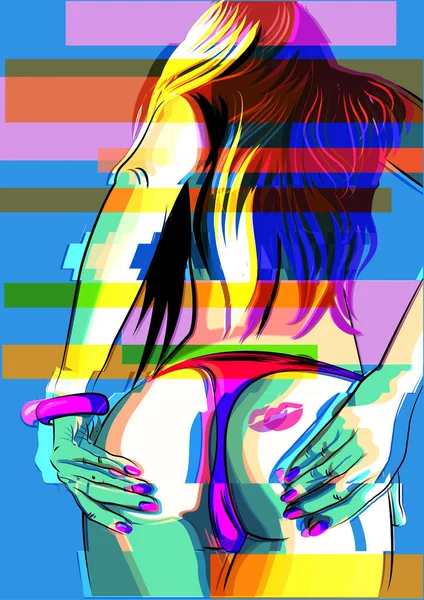 Sexy woman booty on the background. Glitch effect Vector illustration — Stock Vector