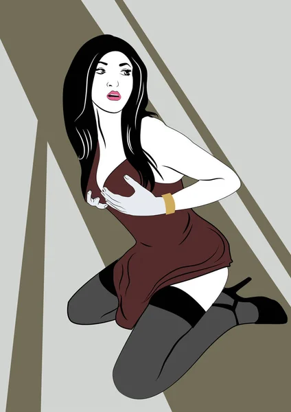 Sexy brunette in dark red lingerie. Pop art vector illustration — Stock Vector