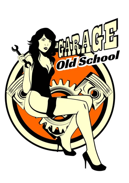 Illustrazione Pin Up Girl con pistone e chiave inglese. Stile vintage. Segnale garage. Illustrazione vettoriale — Vettoriale Stock