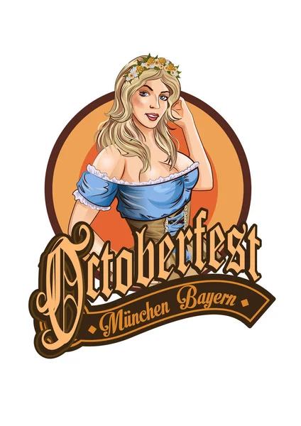 Hübsches bayerisches Mädchen. Oktoberfest-Etikett mit gotischen Schriftzügen. Schleifenbanner. — Stockvektor