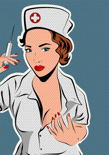 Bela enfermeira com uma seringa na mão. Ilustração vetorial — Vetor de Stock