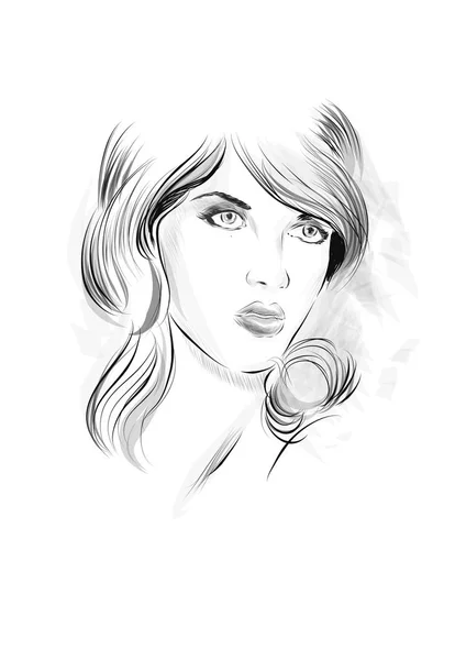 Dibujo de retrato de moda. Ilustración vectorial de una cara de mujer joven. Dibujado a mano modelo cara — Vector de stock