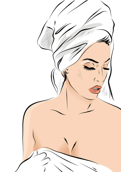 Retrato de mujer hermosa dibujado a mano. Mujer de moda con toalla de baño en la cabeza. Boceto. Ilustración vectorial . — Vector de stock