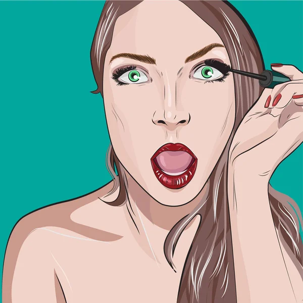 Closeup of sexy girl paints her eyes with mascara in her hand. Vector colorful background in comic retro pop art style. — Stock Vector