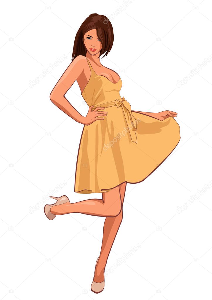 Hot sexy beautiful girl in short sexy dress isolated on white background. Vector illustration.