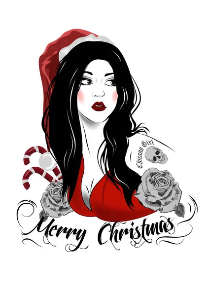 Sexy ragazza tatuata nel tatuaggio del cappello di Babbo Natale. Disegno del tatuaggio. Illustrazione vettoriale — Vettoriale Stock