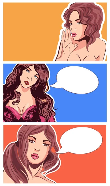 Pop art female face set. Woman and speech bubble. Vector in pop art retro comic style. — Stock Vector