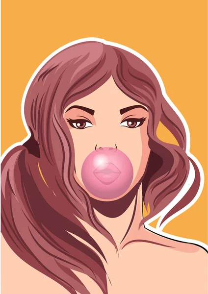The pop art style girl blows gum. Vector illustration. — Stock Vector