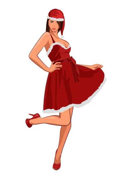 Menina bonita vestindo roupas de Papai Noel. Ilustração vetorial — Vetor de Stock