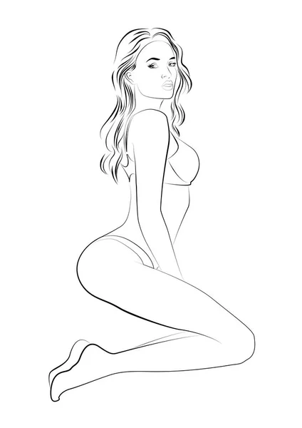 Girl in underwear sticker, black outline sketch line. Vector illustration — Stock Vector