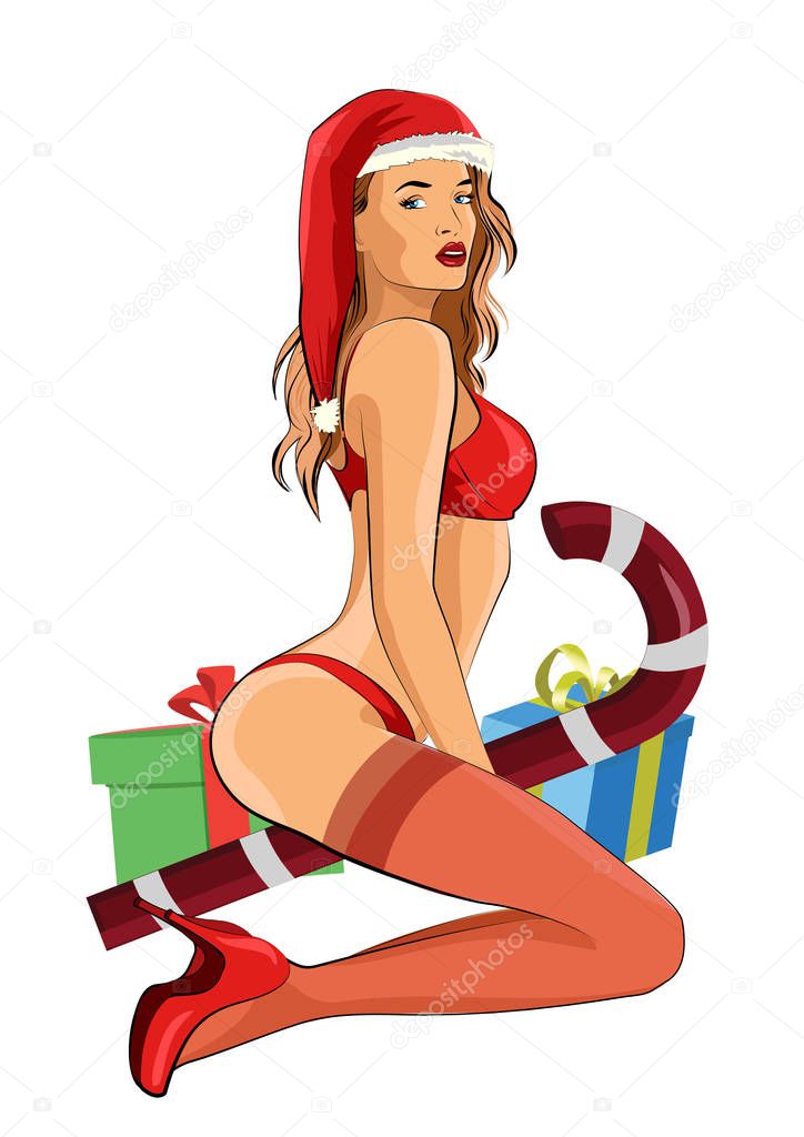 Sexy girl in a traditional style of Old school tattoo pin up in Santas santa hat