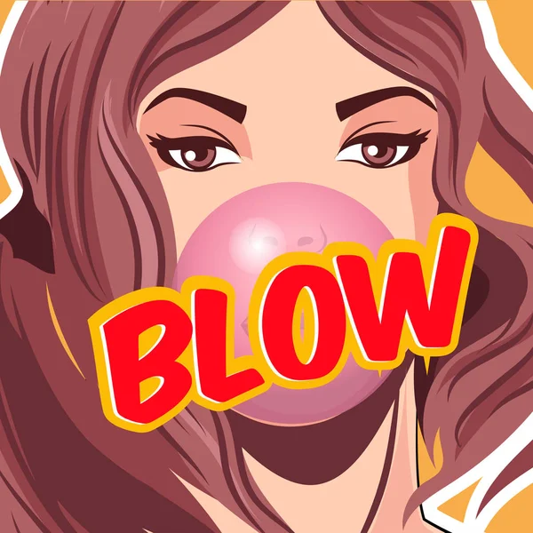 Menina soprando bubblegum, ilustração vetorial. Blow texto cômico — Vetor de Stock