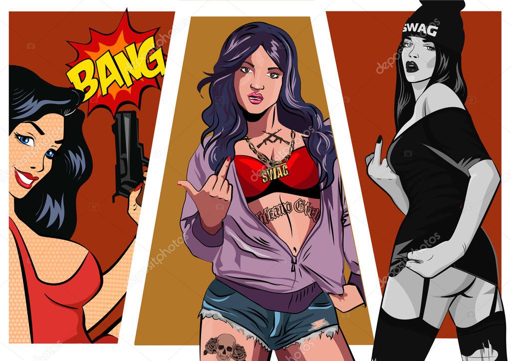 Gangster girl. Pretty Young Urban Girl set. Lady Vector artwork. Pop Art comic style