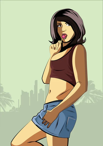 Jolie jeune fille Urban Rap lécher des bonbons. Oeuvre de Lady Vector. Style BD — Image vectorielle