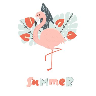 Palmiye yaprakları ve pembe flamingo ile tropikal çiçekler ile Yaz parti davetiyesi 