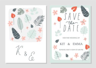 El çizilmiş renkli yaprakları ile yaz düğün davetiyesi 