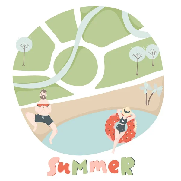 Afiche Creativo Vacaciones Verano Con Gente Dibujos Animados Relajándose Playa — Vector de stock