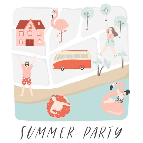 Afiche Creativo Vacaciones Verano Con Gente Dibujos Animados Relajándose Playa — Vector de stock