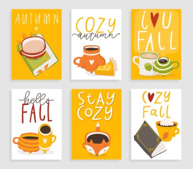 Set of 6 cute ready-to-use gift cute postcards with leaves, cups, pumpkins and other autumn elements. Vector printable collection of Autumn card, invitation, poster in bright colors template design clipart