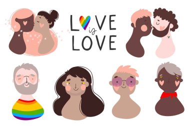 Aşk aşktır. Eşcinsel gururu. Lgbtq. Karikatür tarz illüstrasyon ve harfler koleksiyonu çıkartmalar, baskılar, dövme tasarımı, kartlar için iyi. Vektör çizimi