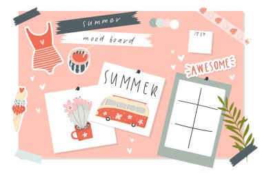 Summer mood board. Poster cards photos leaves stickers hanging on the wall. Trendy inspirational background. Vector illustration clipart