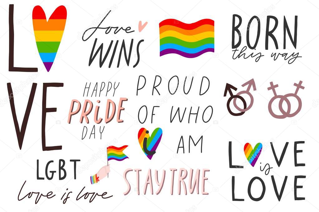 Gay hand written lettering set. LGBT rights concept. Love is love. Pride rainbow spectrum flag, homosexuality, equality emblem. Parades event announcement banner, placard typographic vector design. Vector illustration