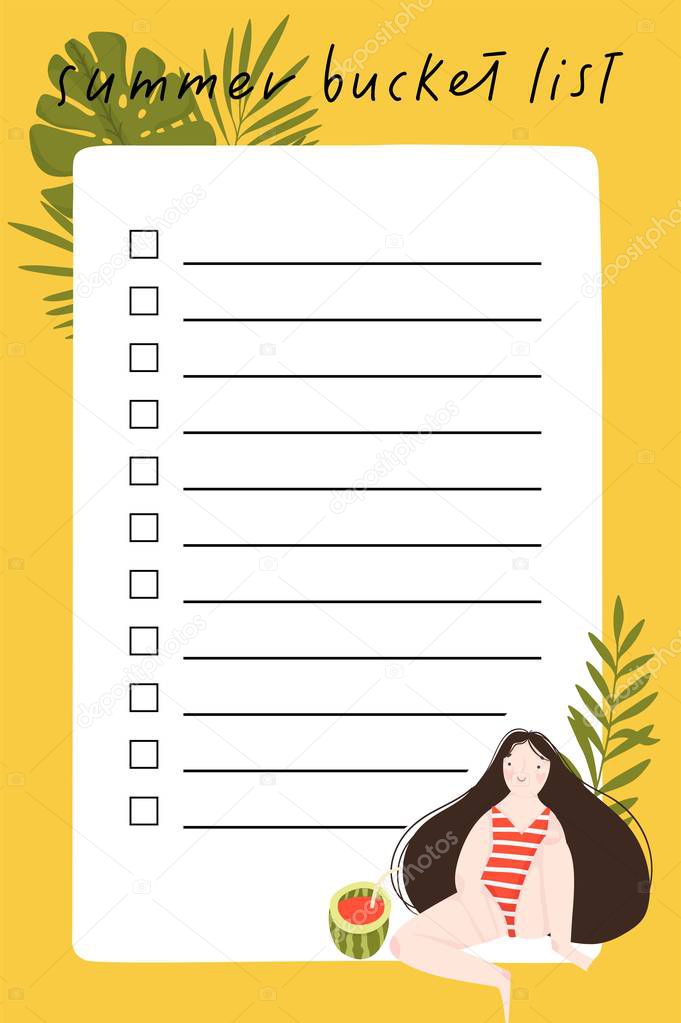 Summer bucket list with hand drawn illustration of cute girl, leaves and summer elements. vector