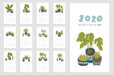 Takvim 2020. Ev bitkileri, sulu bitkiler ve kaktüslerle dolu şirin ve yaratıcı bir takvim. Mavi ve yeşil renklerde. Yazdırmaya hazır.