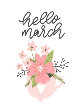 Merhaba March Hand logoti çizimi, basılabilir poster. Tebrik kartı ve davetiye şablonu için yaprak ile bahar sezonu. Retro harfli afiş poster şablonu arka planı 