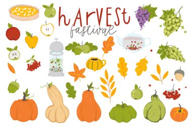 Sonbahar çıkartma koleksiyonu. Sevimli sonbahar karikatür elemanı ayarlayın. Sonbahar sezonu. Parti, sonbahar festivali veya Şükran Günü için defter öğeleri koleksiyonu.