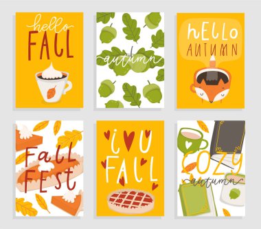 Sonbaharda kullanıma hazır 6 şirin kartpostal seti. Sonbahar kartının, davetiyenin, parlak renkli şablon tasarımının vektör yazdırılabilir koleksiyonu