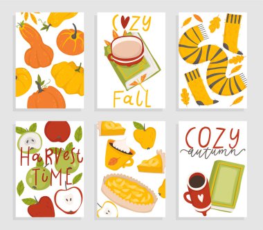Sonbaharda kullanıma hazır 6 şirin kartpostal seti. Sonbahar kartının, davetiyenin, parlak renkli şablon tasarımının vektör yazdırılabilir koleksiyonu
