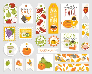 Hediye etiketleri, sevimli resimler, eğlenceli unsurlar, elle çizilmiş harflerile kartlar ve çıkartmalar Sonbahar seti. Rahat elemanları, bardak, kabak, yaprak, hayvan vb ile Sonbahar toplama Vektör toplama