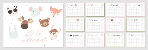 Kalendarz 2020 Kreatywny Kalendarz Ręcznie Rysowane Słodkie Zwierzęta Dobre Dla — Wektor stockowy
