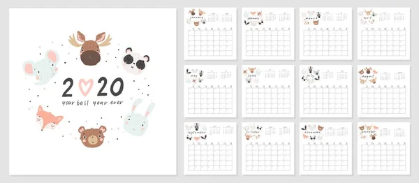 Kalendarz 2020 Kreatywny Kalendarz Ręcznie Rysowane Słodkie Zwierzęta Dobre Dla — Wektor stockowy