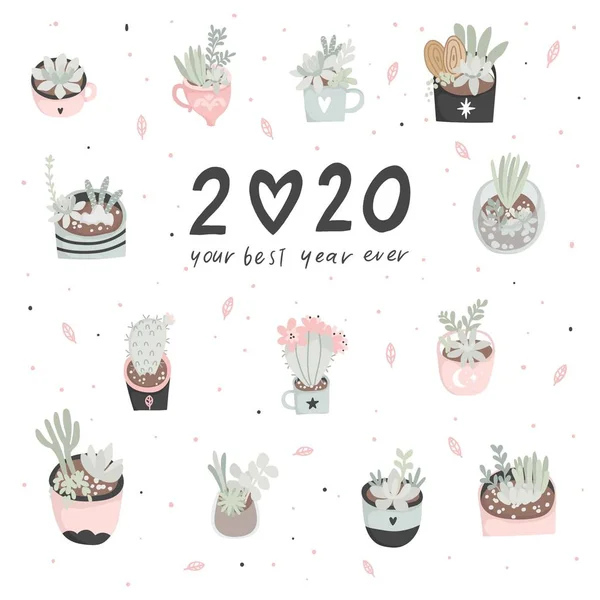 2020 Ημερολόγιο Καλύψει Φυτό Σπίτι Κάκτοι Τροπικά Φύλλα Έννοια Διάνυσμα — Διανυσματικό Αρχείο