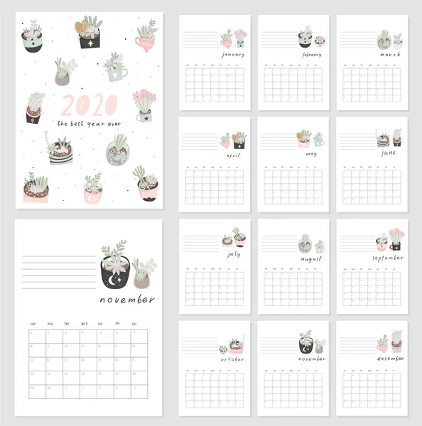Календарь 2020 Милый Творческий Календарь Домашними Растениями Ручной Работы Суккулентами — стоковый вектор