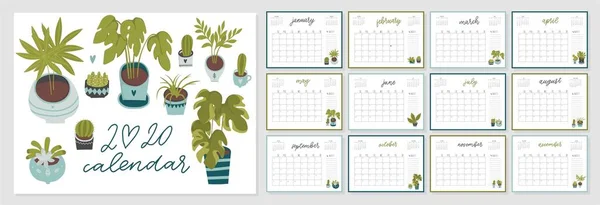 Kalender 2020 Leuke Creatieve Kalender Met Handgetekende Huisplanten Vetplanten Cactus — Stockvector