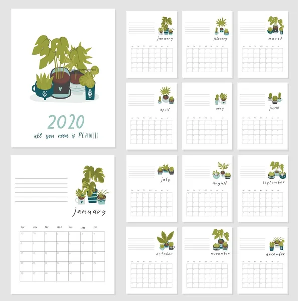 Calendar 2020 Cute Creative Calendar Hand Drawn House Plants Succulents — Stock Vector