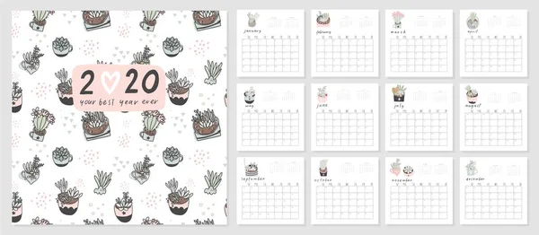 Calendar 2020 Cute Creative Calendar Hand Drawn House Plants Succulents — Stock Vector